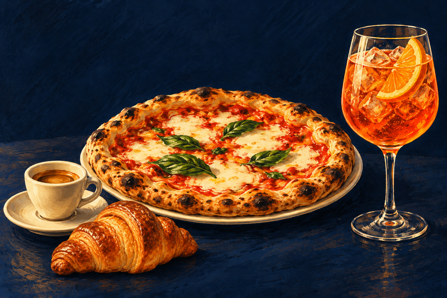 Illustrazione di un caffè espresso con brioche, una pizza italiana e uno spritz su fondo blu notte