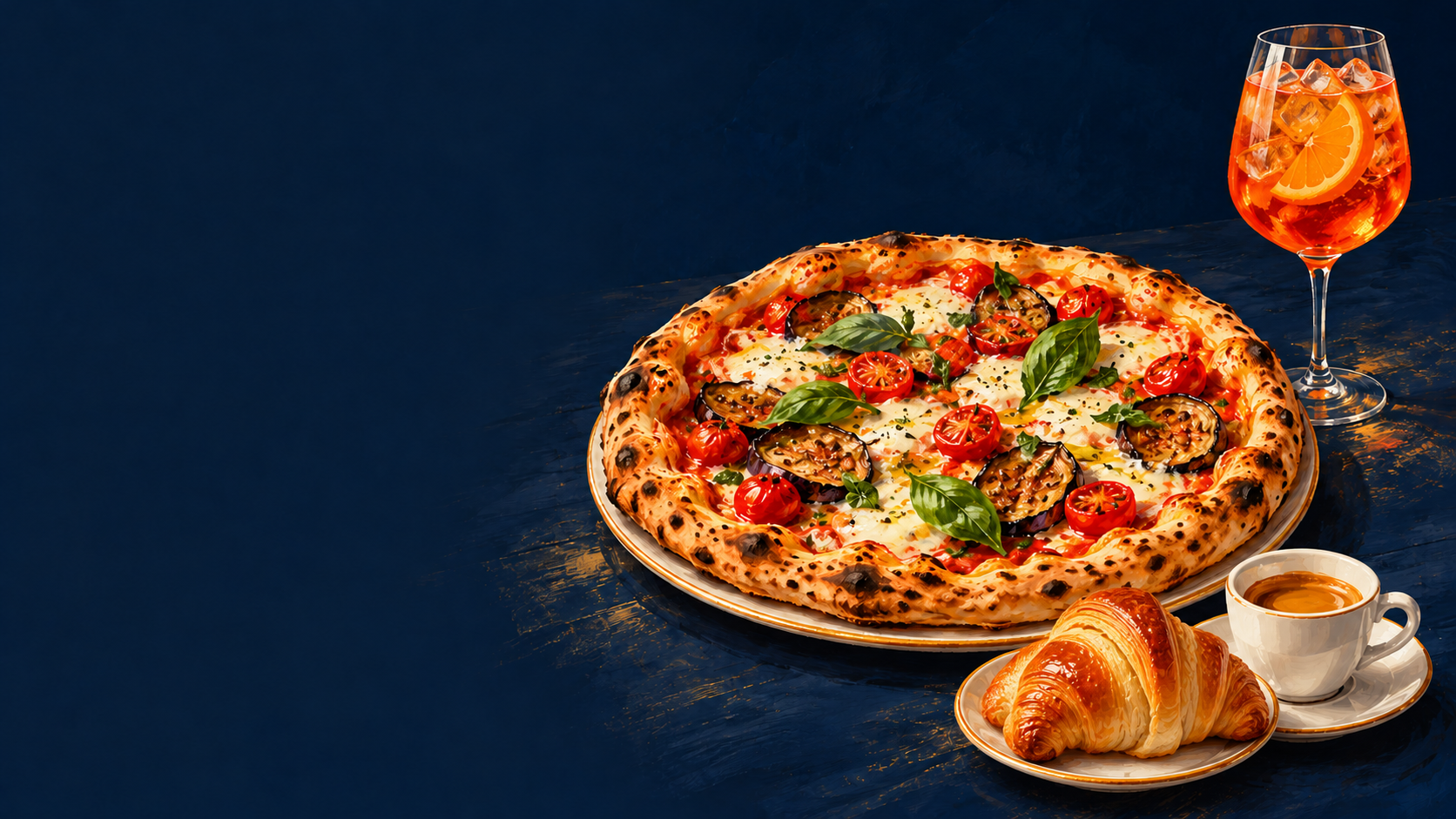 Illustrazione di pizza italiana, caffè espresso, brioche e spritz su fondo blu notte